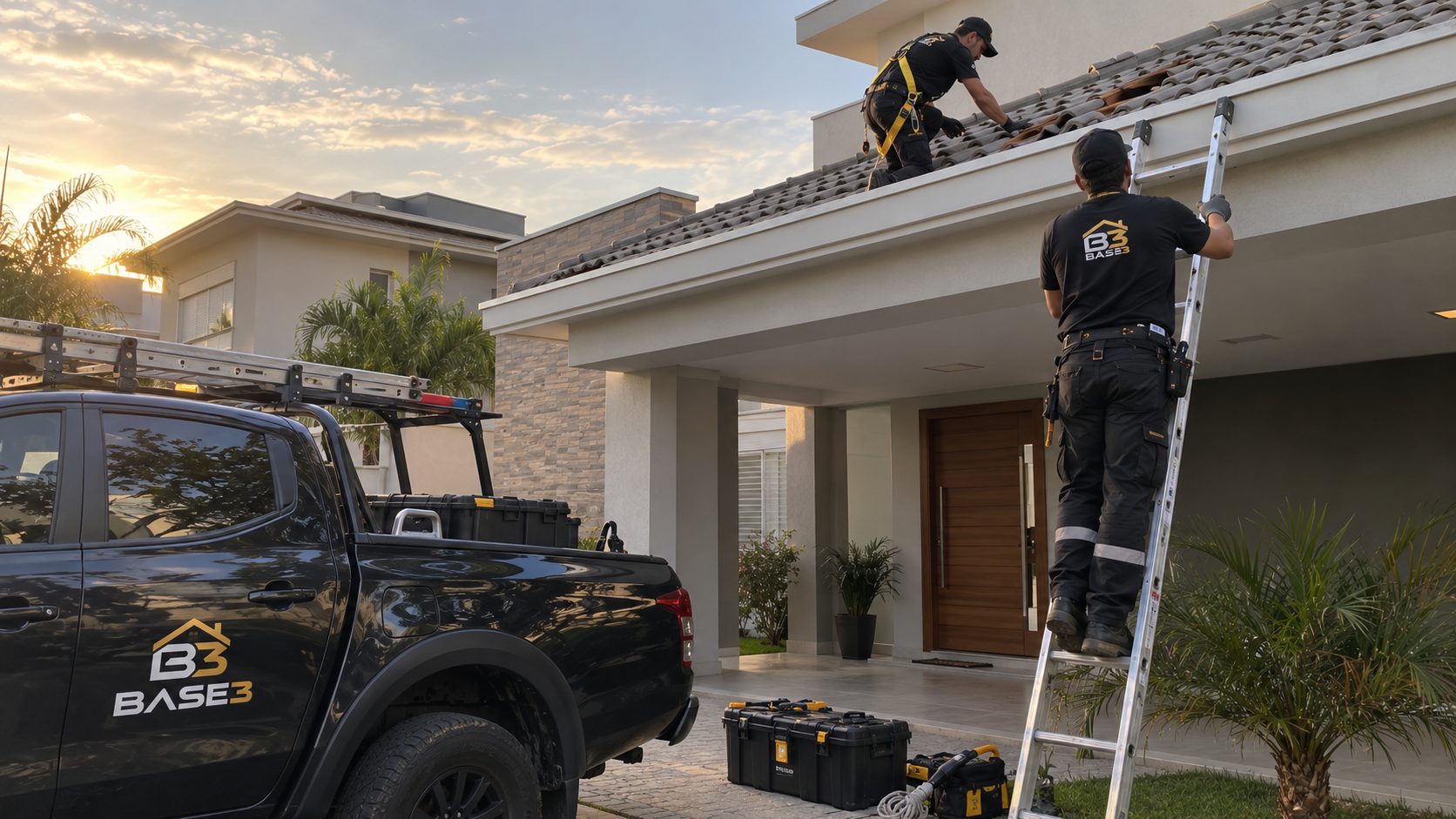 Equipe BASE3 realizando manutenção de telhado em residência moderna