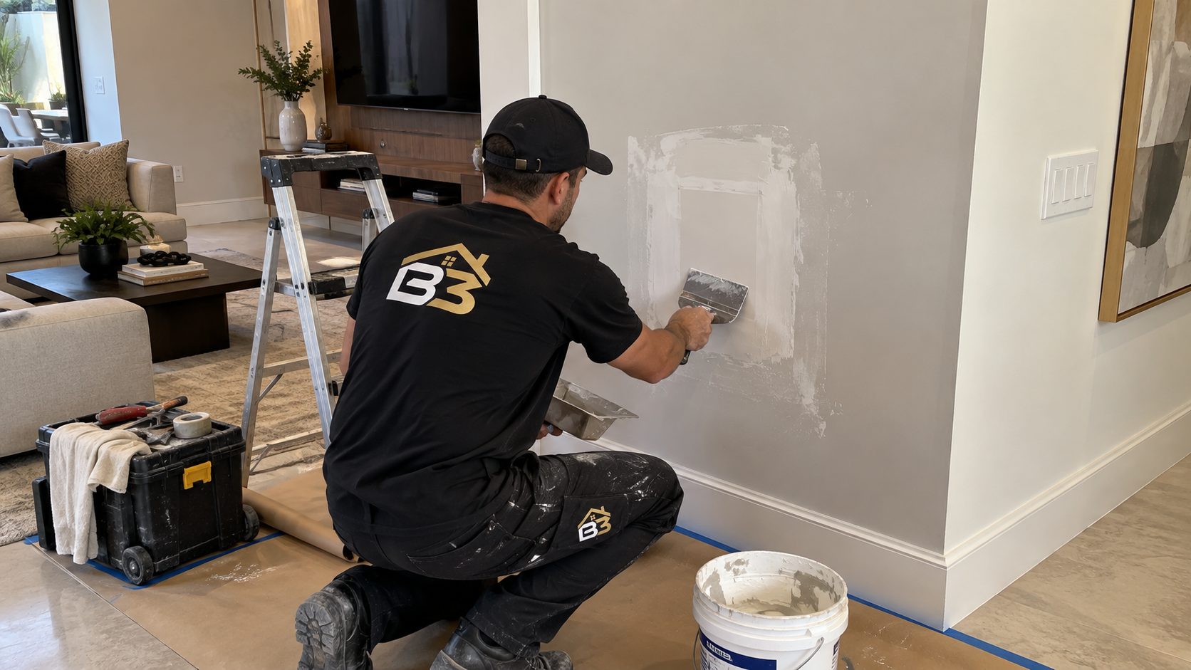 Reparo de drywall realizado pela BASE3 em ambiente interno